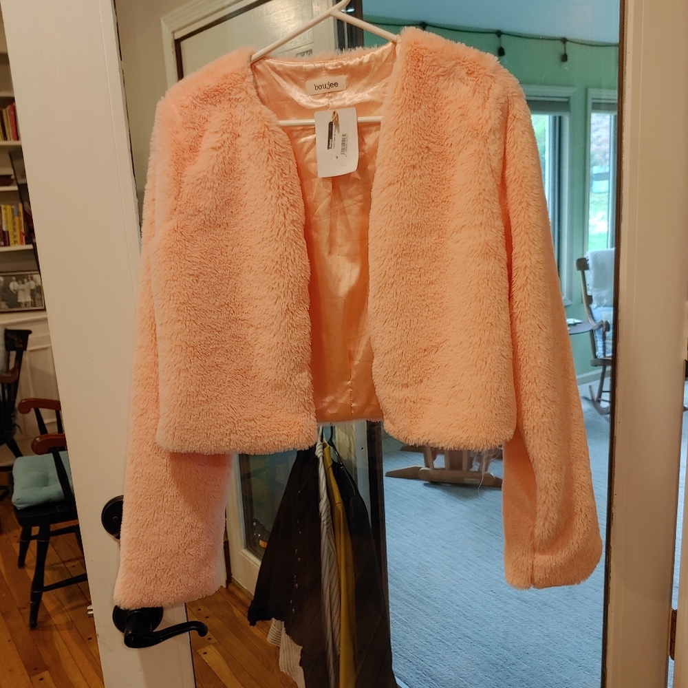 Size medium juniors fake fur jacket from Boujee, light pink/coral